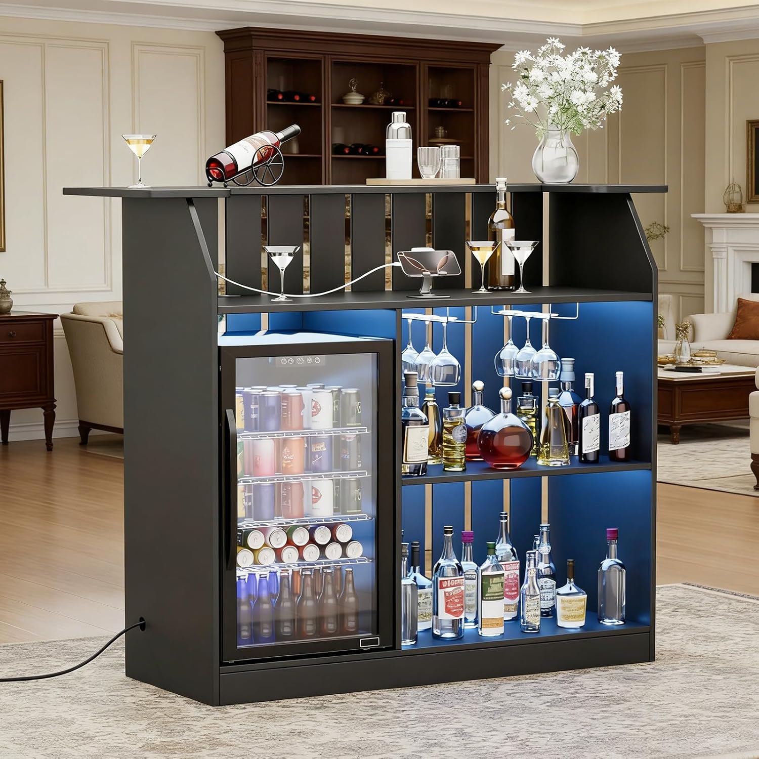 Home Bar And Fridge - U-förmiger Bartisch, Hausbar-Einheit mit Kühlschrankplatz, 4-stufiger