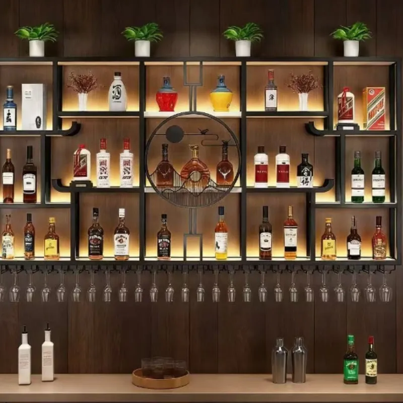 Home Bar And Cabinet - Industrielles schmiedeeisernes Wandweinregal, Barregal, Rotwein-Vitrine, leuchtendes