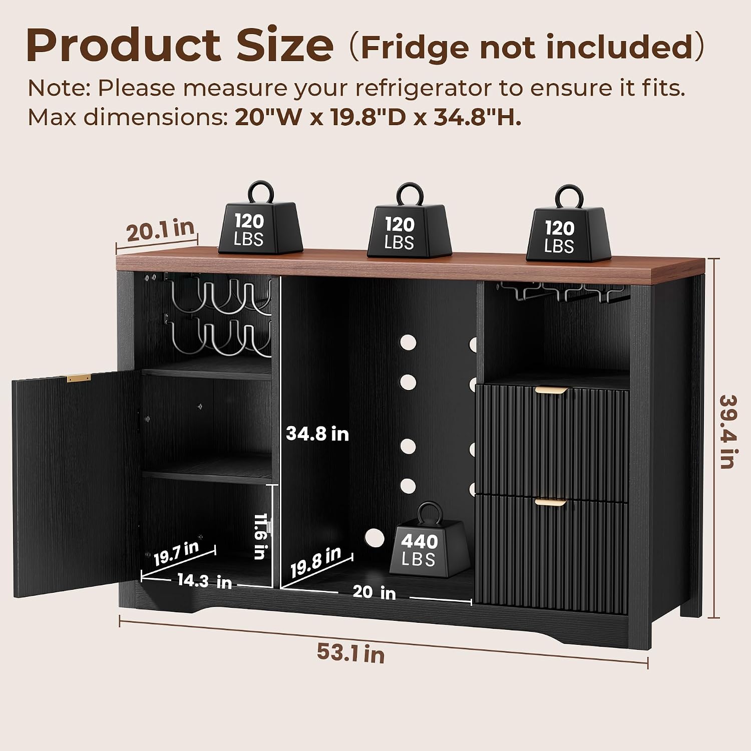 Home Bar And Fridge - Kaffeebar-Schrank mit Platz für Mini-Kühlschrank, 53