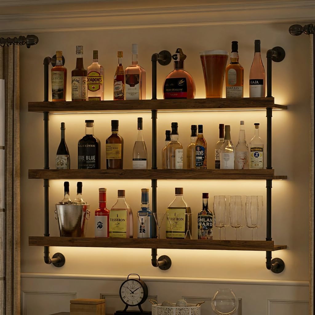 Home Bar Shelves - Wandmontiertes Weinregal mit LED-Beleuchtung, dreistufiges schwebendes